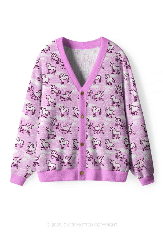 Pink Unicorn Y2K Christmas Cardigan Knit Sweatshirt Cherrykitten