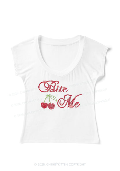 Rhinestone Red Cherry Bite Me Y2K V Neck T Shirts Cherrykitten