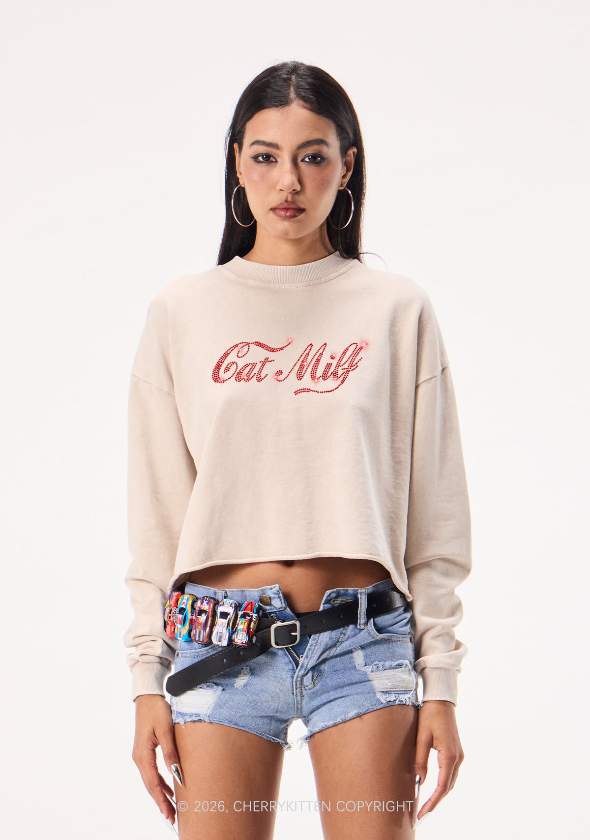 Rhinestone Cat Mxxf Y2K Crop Washed Sweatshirts Cherrykitten