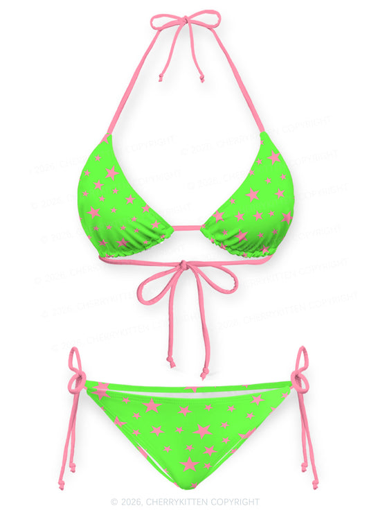 Pink Star On Green Y2K Print Bikini Set Cherrykitten