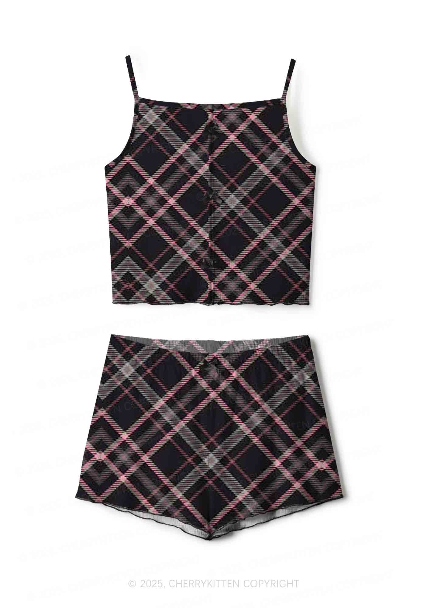Pink Plaid Y2K Print Cami Shorts Pajama Set Cherrykitten