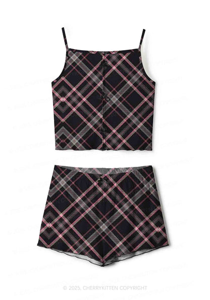 Pink Plaid Y2K Print Cami Shorts Pajama Set Cherrykitten