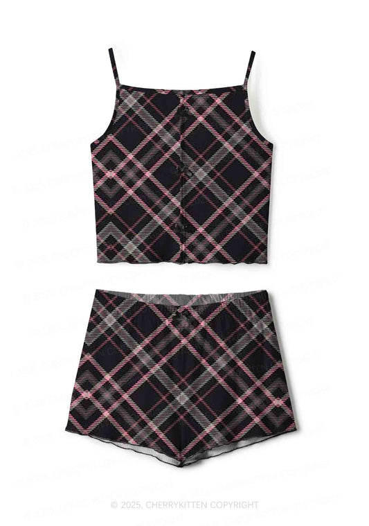 Pink Plaid Y2K Print Cami Shorts Pajama Set Cherrykitten