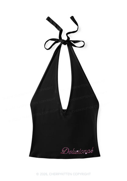 Rhinestone Delusional Y2K Halter Deep V Neck Cami Cherrykitten