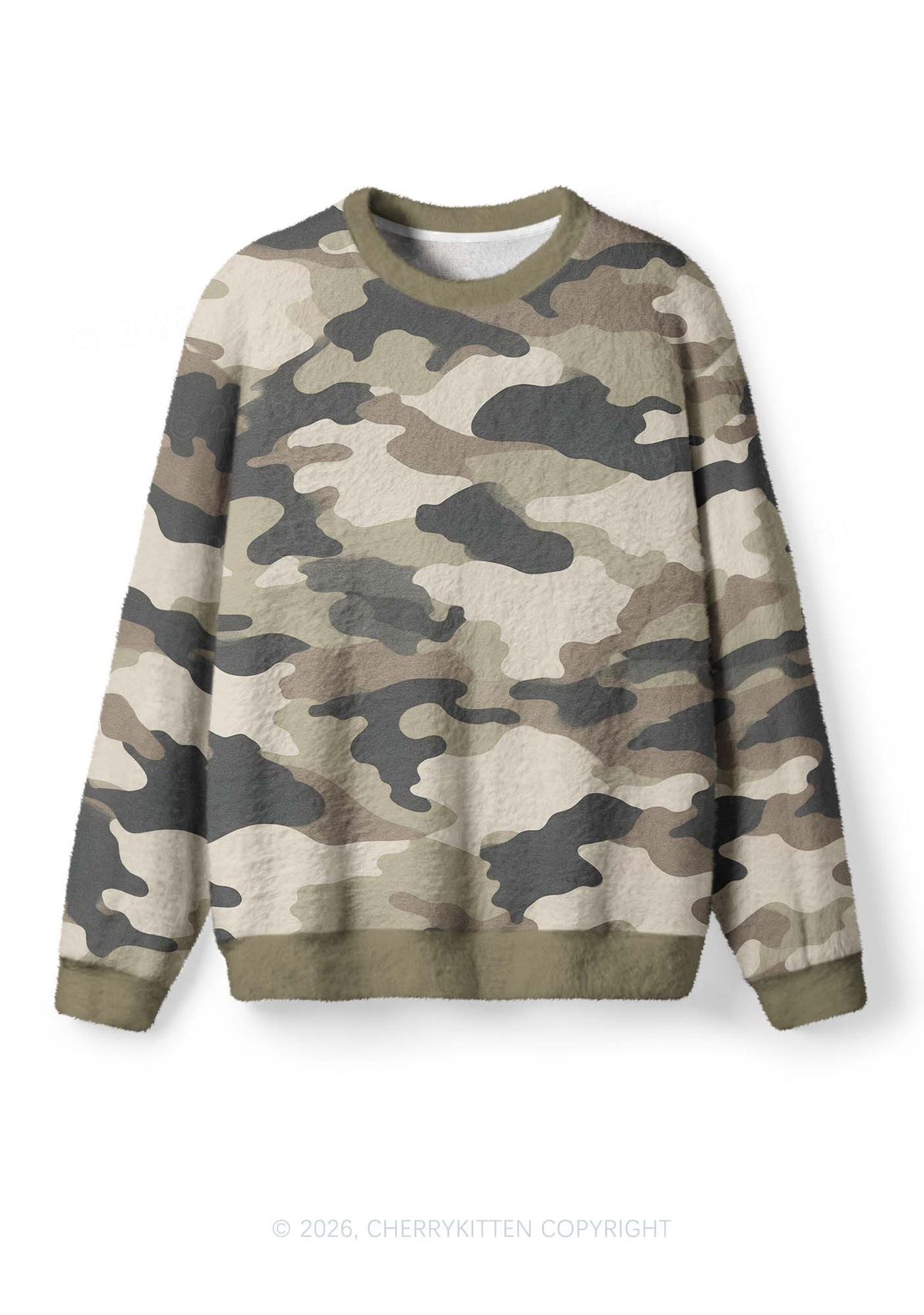 Dark Green Camouflage Y2K Knit Sweatshirt Cherrykitten
