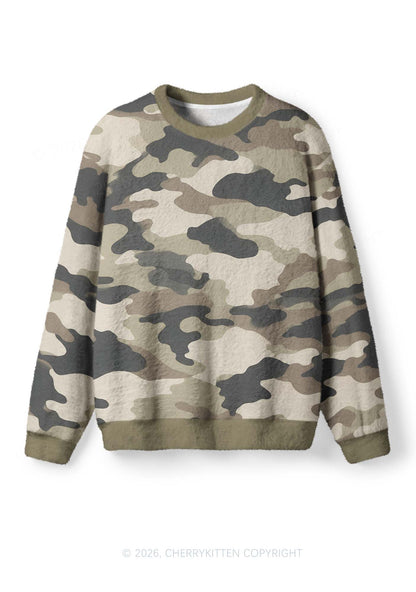 Dark Green Camouflage Y2K Knit Sweatshirt Cherrykitten