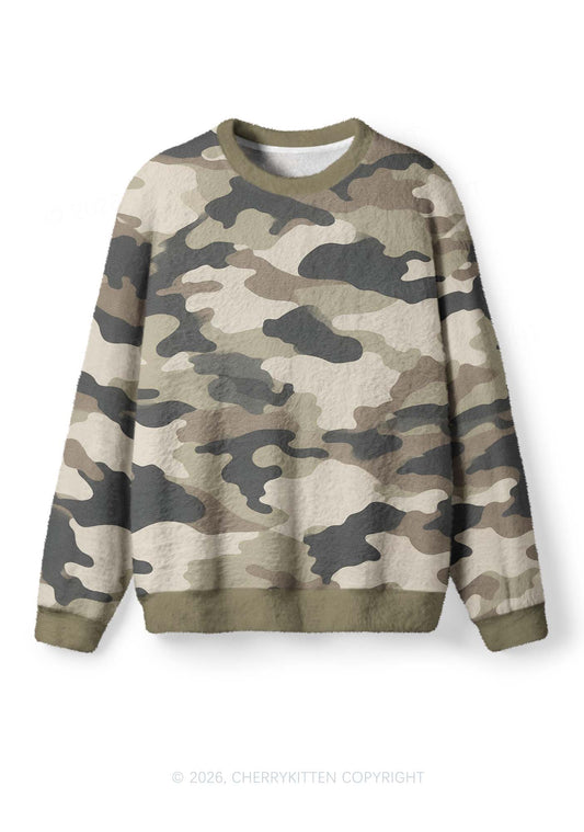 Dark Green Camouflage Y2K Knit Sweatshirt Cherrykitten