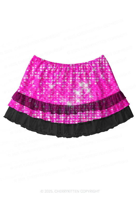 Shiny Pink Y2K Print Mini Layered Skirt Cherrykitten