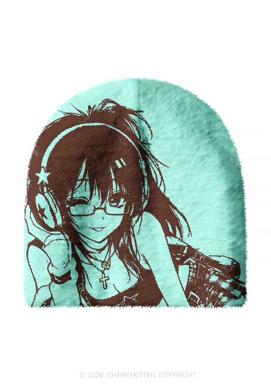 Brown Anime Girl On Mint Green Y2K Print Knit Beanie Cherrykitten