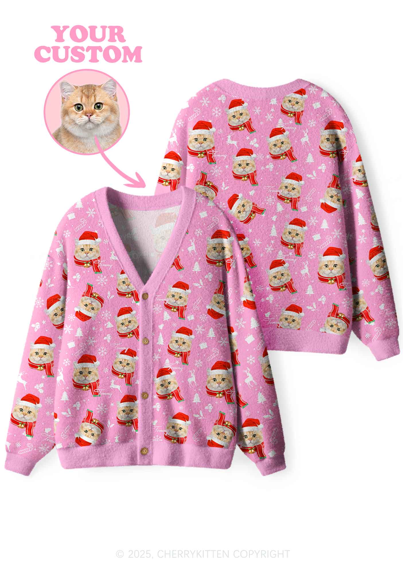 Custom Christmas Sweet Cat Face Y2K Christmas Cardigan Knit Sweatshirt Cherrykitten