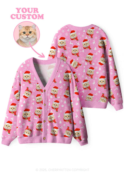 Custom Christmas Sweet Cat Face Y2K Christmas Cardigan Knit Sweatshirt Cherrykitten