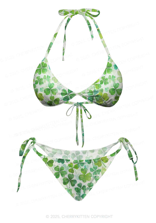 Green Shamrock Y2K Print Bikini Set Cherrykitten
