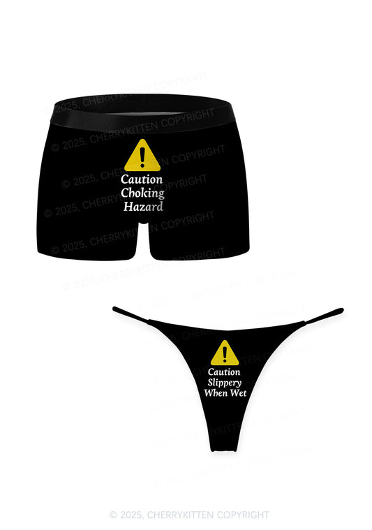 Caution Slippery When Wet Valentine's Day Y2K Print Couples Boxer Thong Set Cherrykitten