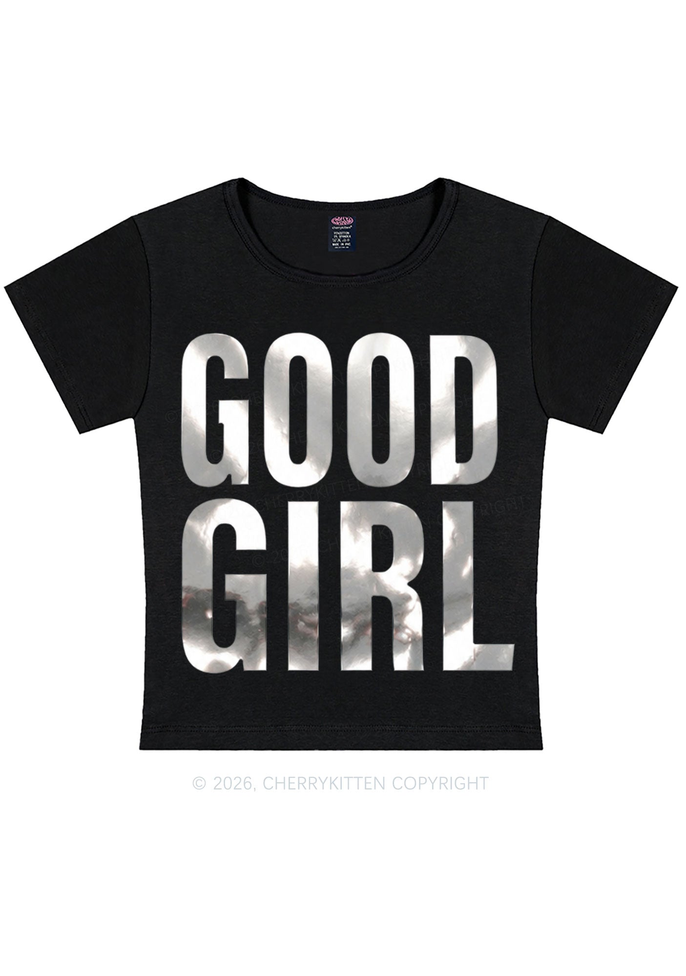 Good Girl Silver Foil Printed Y2K Baby Tee Cherrykitten