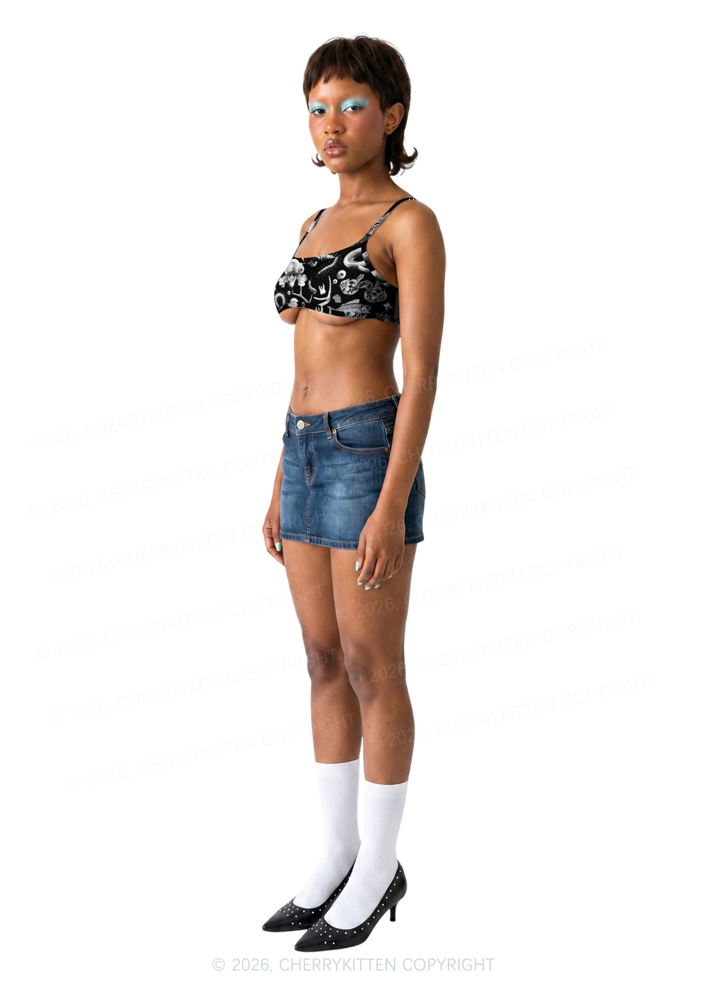 Halloween Goth Animal Bone Skull Y2K Print Super Crop Cami Cherrykitten