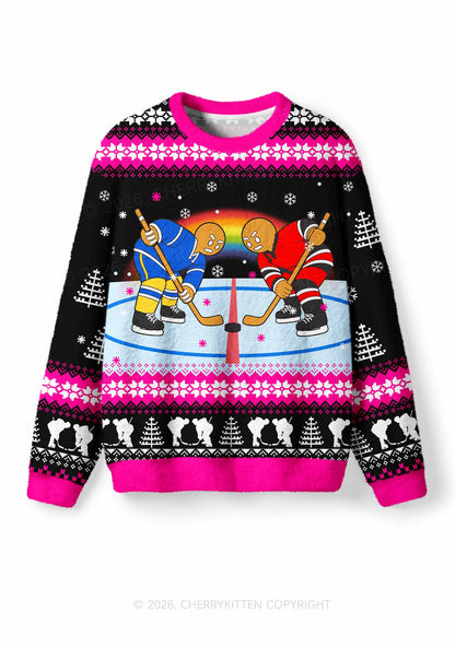 Pink Hockey Gingerbread Man Y2K Knit Sweatshirt Cherrykitten