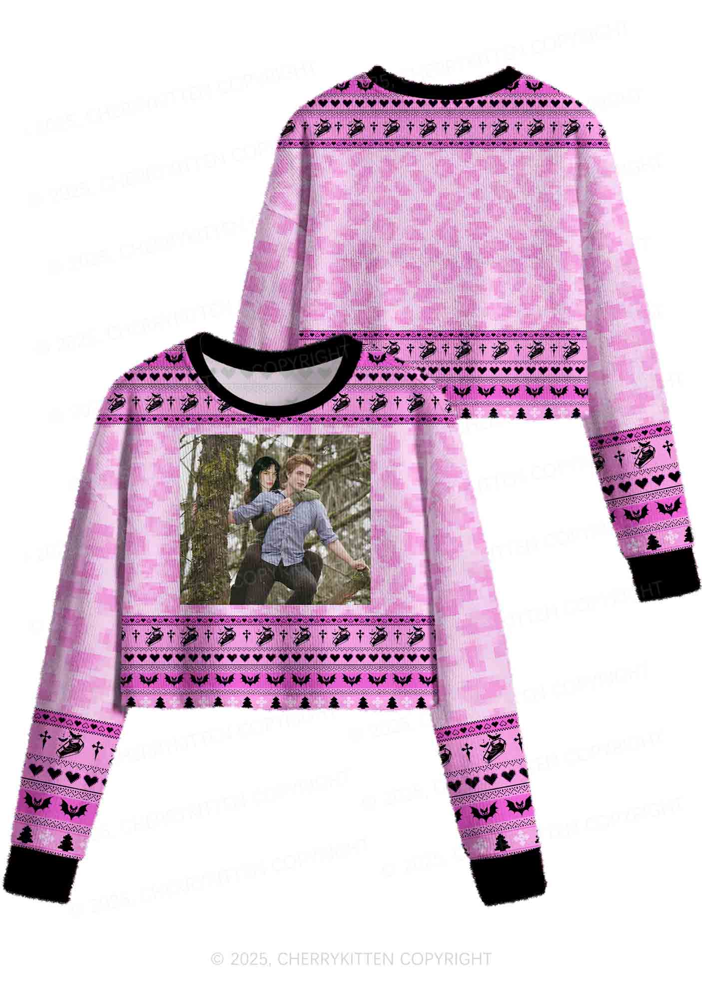 Pink Custom Face Y2K Christmas Crop Knit Sweatshirt Cherrykitten