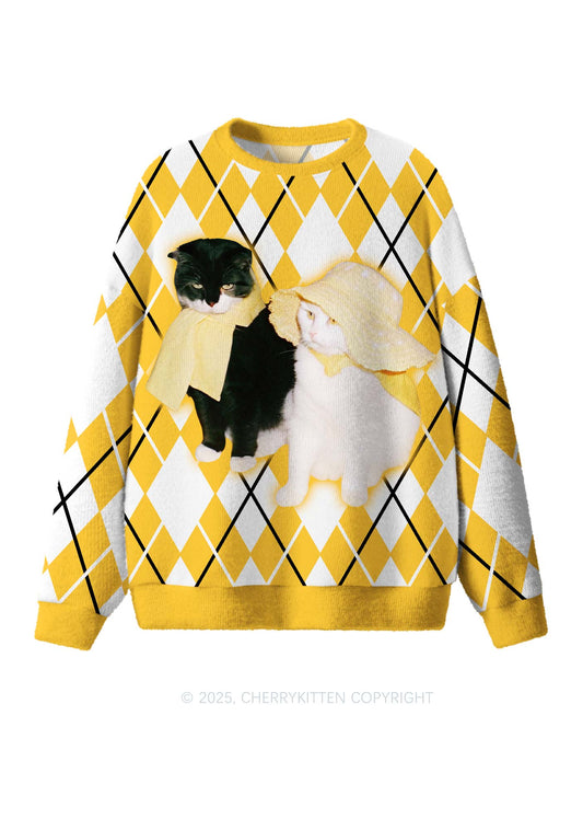 Yellow Cats Friend Y2K Christmas Knit Sweatshirt Cherrykitten