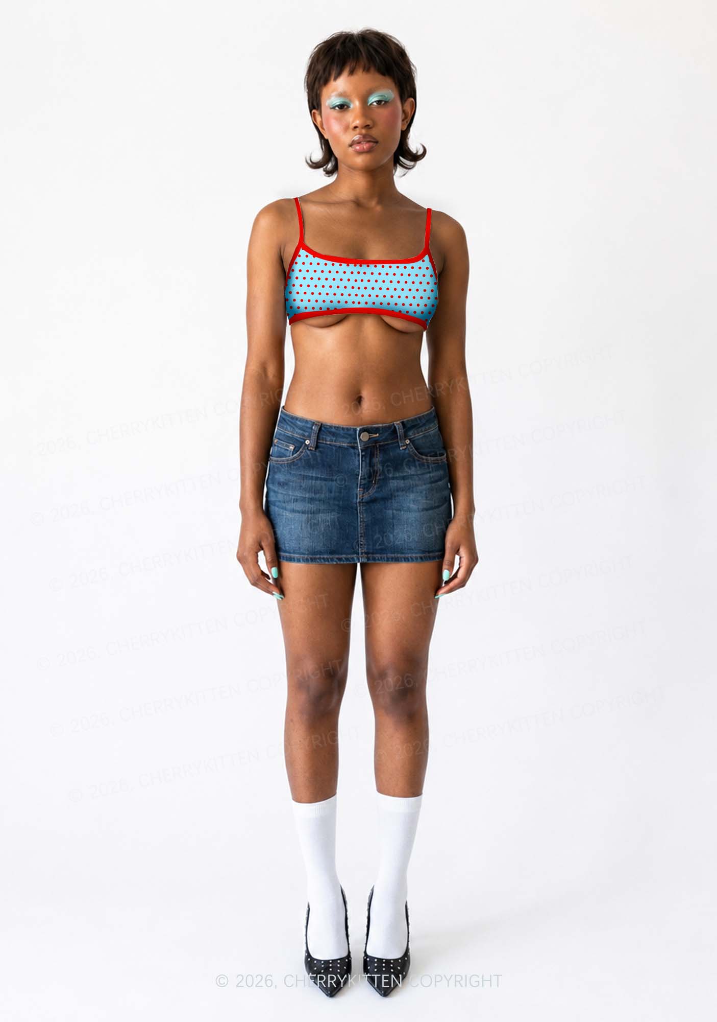 Red Dots On Blue Y2K Print Super Crop Cami Cherrykitten