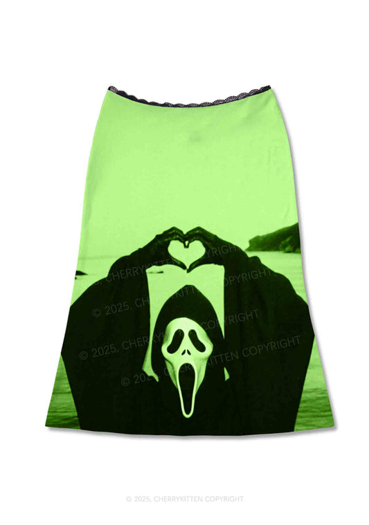 Halloween Seaside Ghost Heart Y2K Print Midi Skirt Cherrykitten