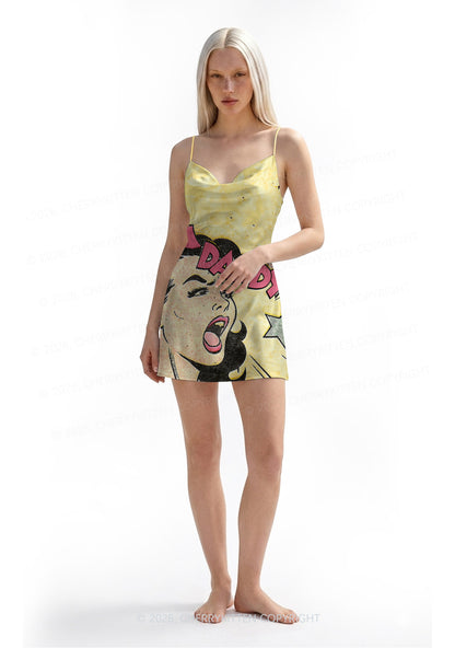 Call Daddy Y2K Print Satin Cowl Neck Slip Dress Cherrykitten