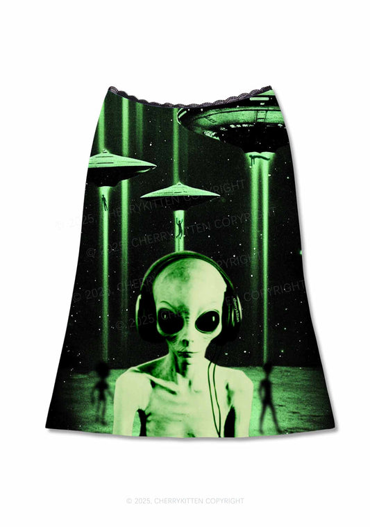 Halloween Alien DJ Y2K Print Midi Skirt Cherrykitten