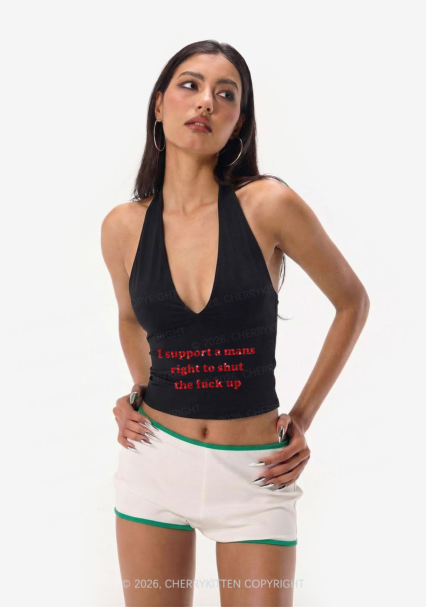 Glitter I Support A Mans Right Y2K Halter Deep V Neck Cami Cherrykitten