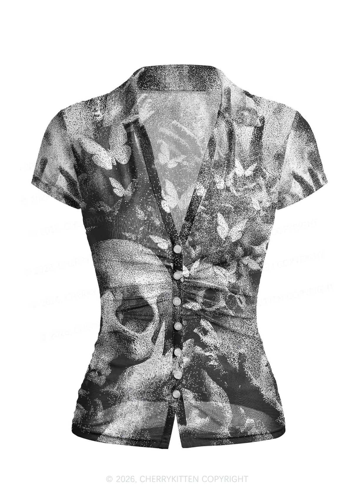 Halloween Gothic Skull Y2K Mesh Ruched Waist V Neck Top Cherrykitten