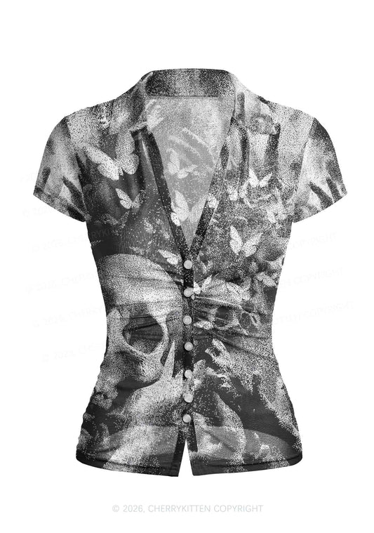 Halloween Gothic Skull Y2K Mesh Ruched Waist V Neck Top Cherrykitten