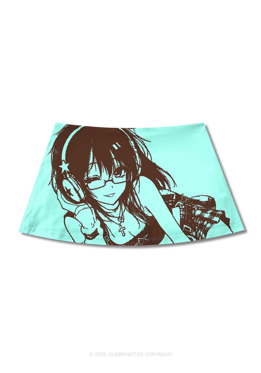 Brown Anime Girl On Mint Green Y2K Print Mini Skirt Cherrykitten