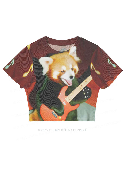 Guitar Raccoon Y2K Mesh Crop Top Cherrykitten