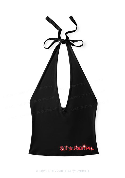Rhinestone Stargirl Y2K Halter Deep V Neck Cami Cherrykitten