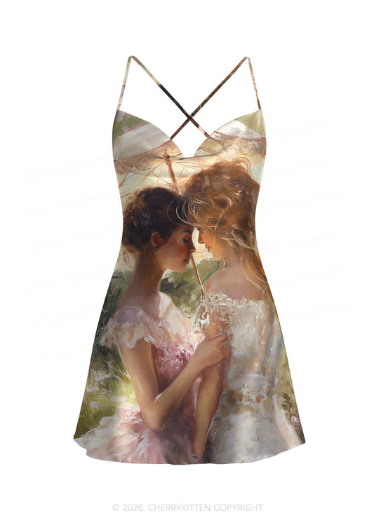 Umbrella Couple Pride Y2K Print Satin Cowl Neck Slip Dress Cherrykitten