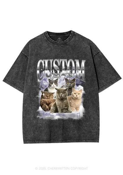 Custom Neon Lightning Cat Photo Y2K Shirts Washed Tee Cherrykitten