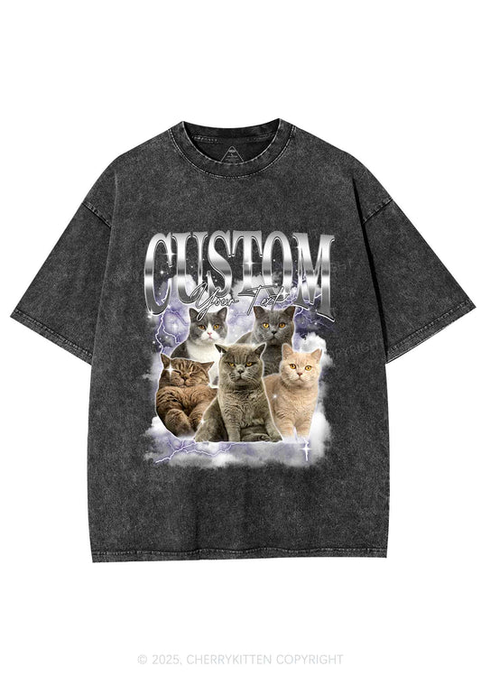 Custom Neon Lightning Cat Photo Y2K Shirts Washed Tee Cherrykitten