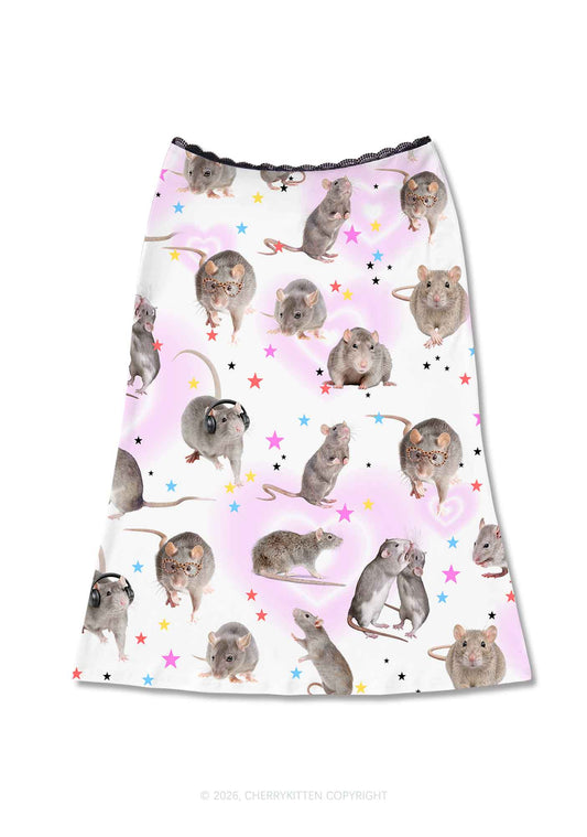 Cute Rats Y2K Print Midi Skirt Cherrykitten