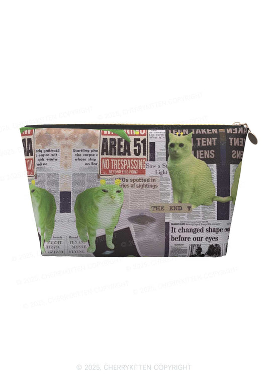 Green Alien Kitten Y2K Leather Makeup Bag Cherrykitten