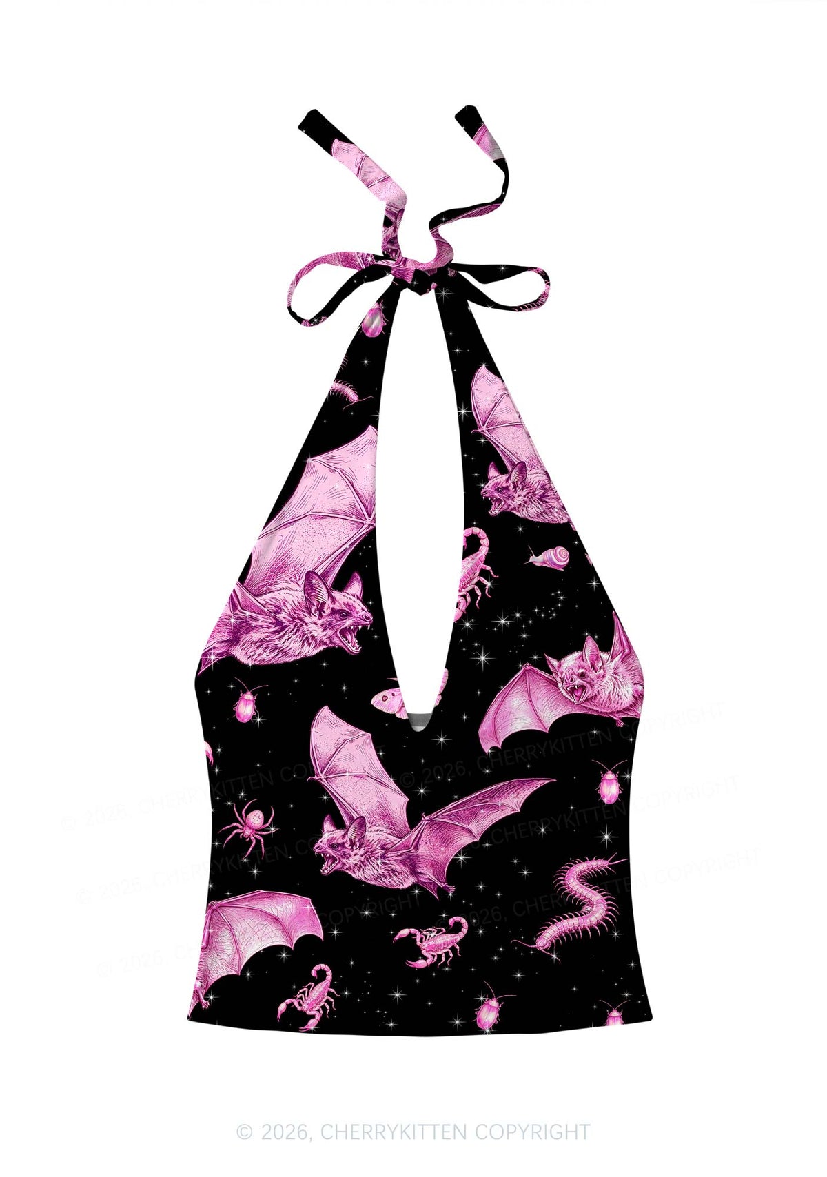Halloween Pink Bat Y2K Print Halter Deep V Neck Cami Cherrykitten