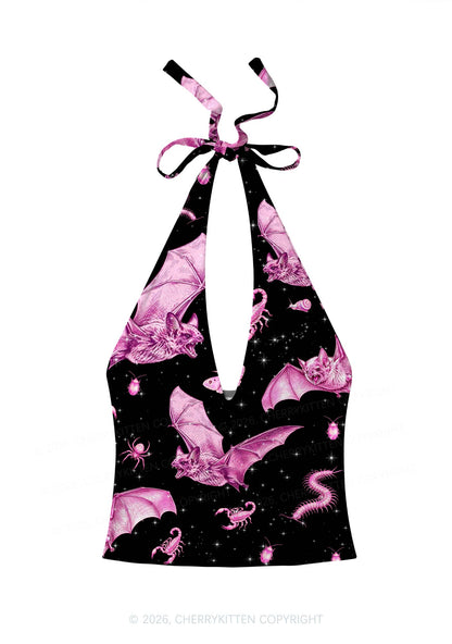 Halloween Pink Bat Y2K Print Halter Deep V Neck Cami Cherrykitten