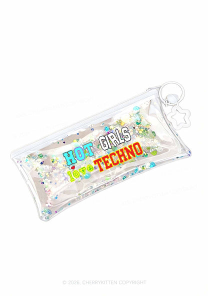 Hot Girls Love Techno Y2K Quicksand Transparent Pencil Pouch Cherrykitten