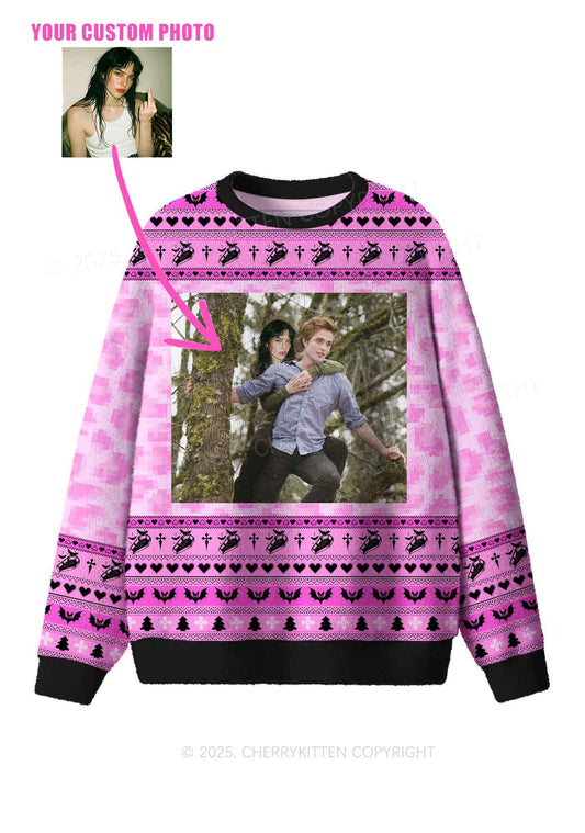 Pink Custom Face Y2K Christmas Knit Sweatshirt Cherrykitten