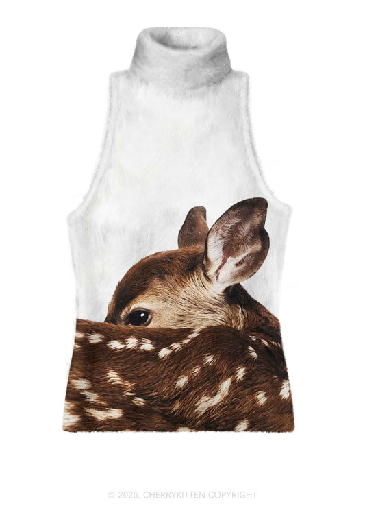 Spotted Fawn Deer Y2K Knit Turtleneck Tank Top Cherrykitten