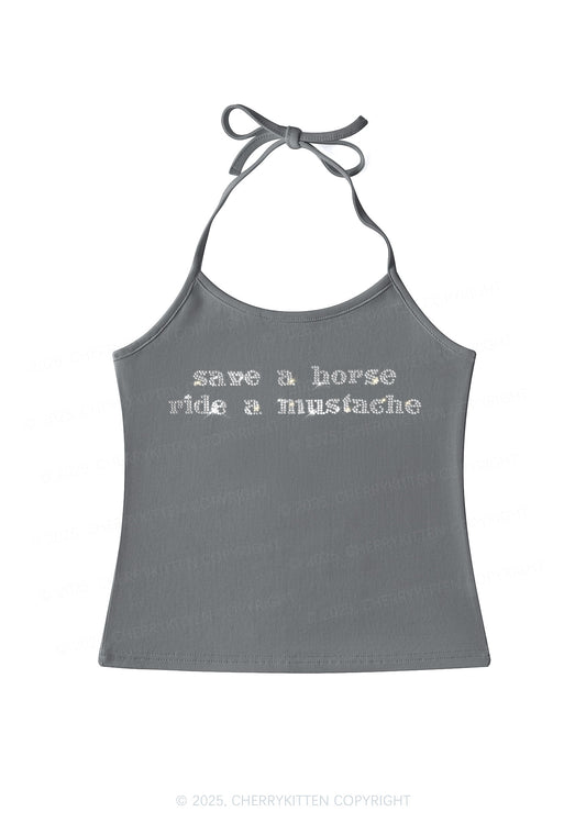 Rhinestone Ride A Mustache Y2K Halter Neck Cami Cherrykitten