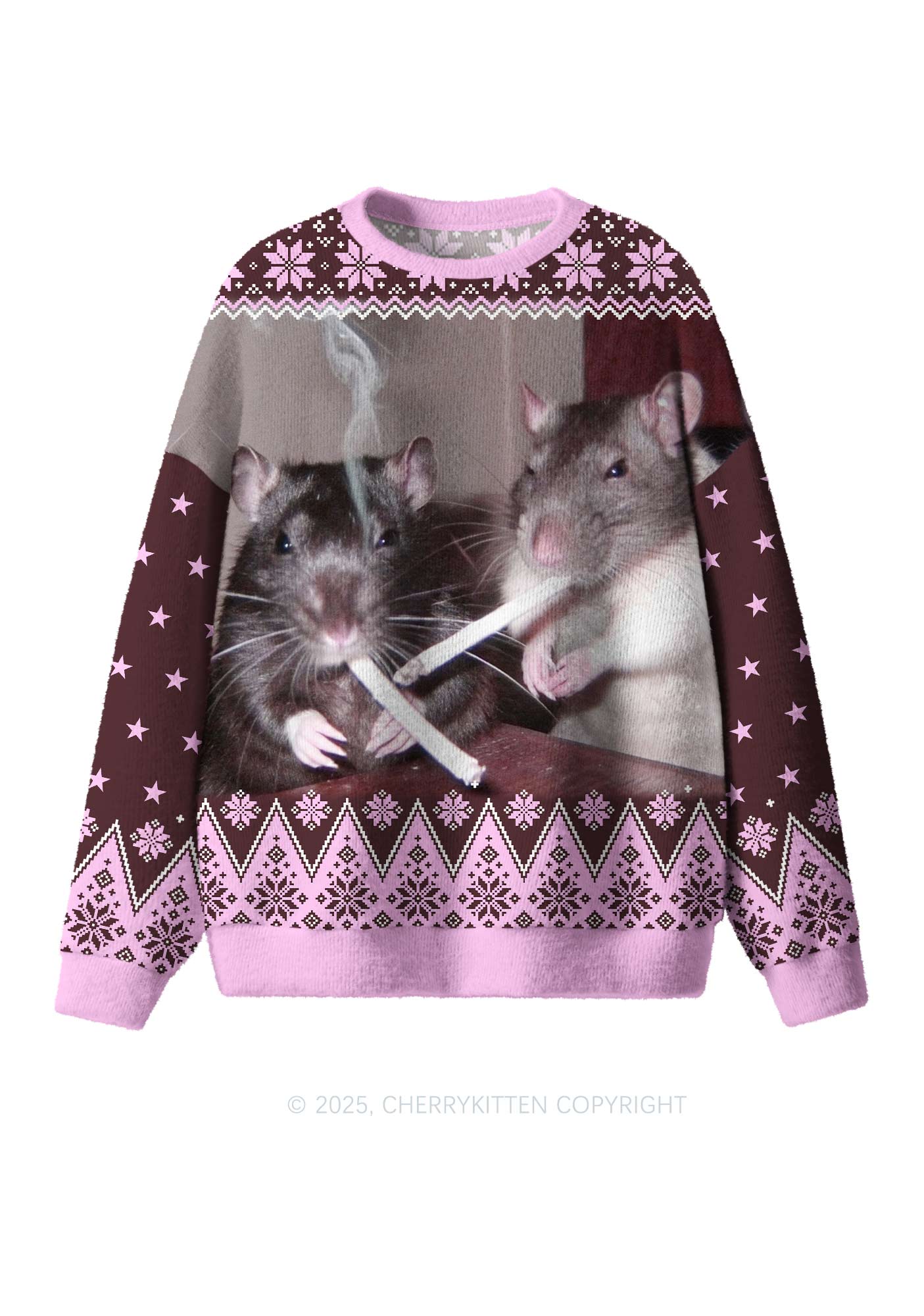 Brown Smoking Rats Y2K Christmas Knit Sweatshirt Cherrykitten