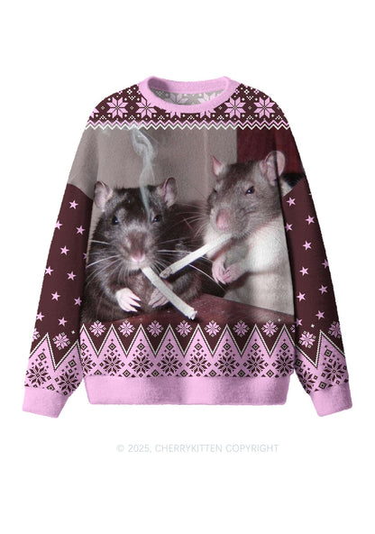 Brown Smoking Rats Y2K Christmas Knit Sweatshirt Cherrykitten