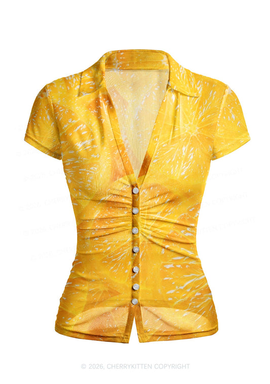 Orange Slice Y2K Mesh Ruched Waist V Neck Top Cherrykitten