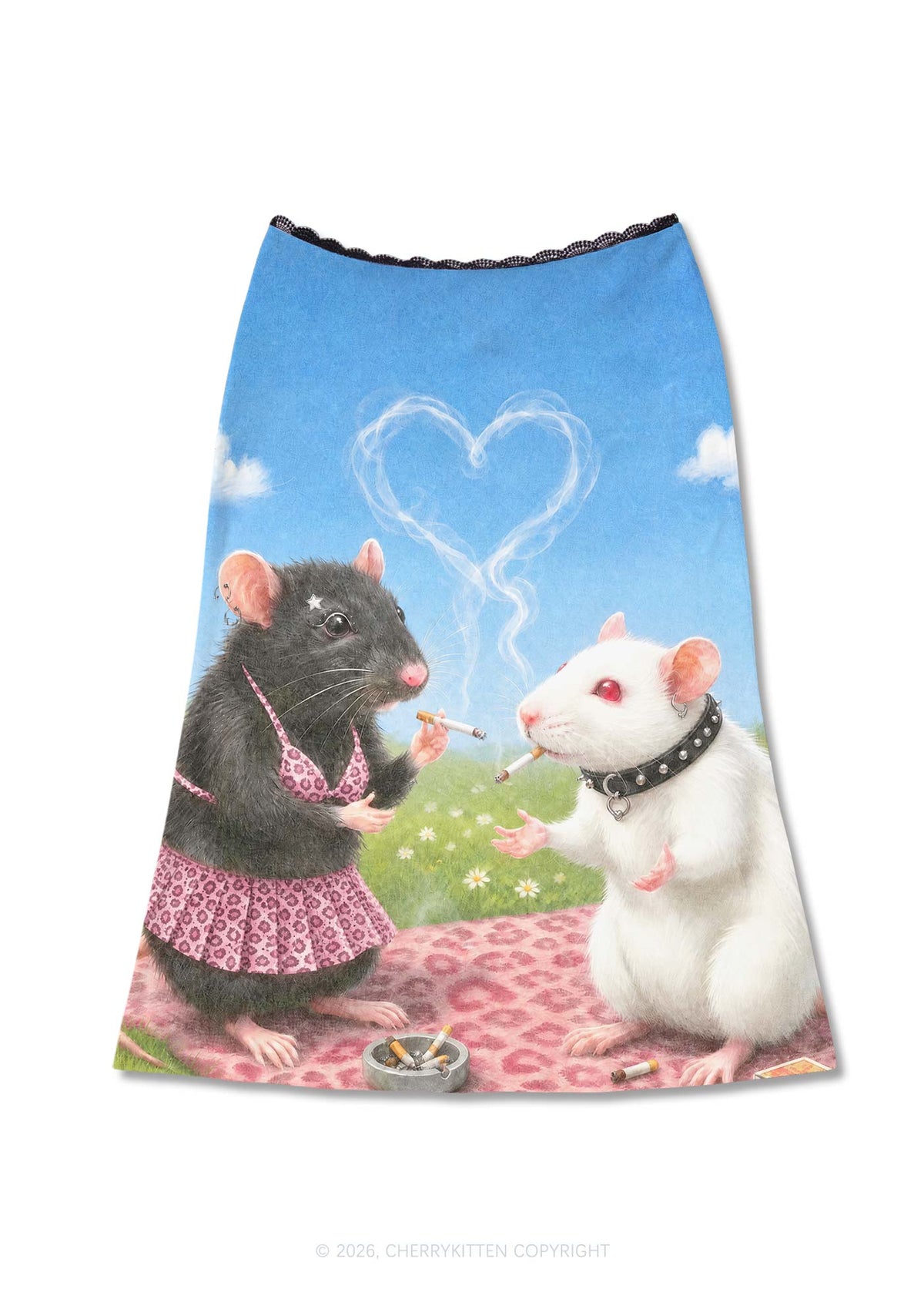 Two Punk Rats Smoking Y2K Print Midi Skirt Cherrykitten