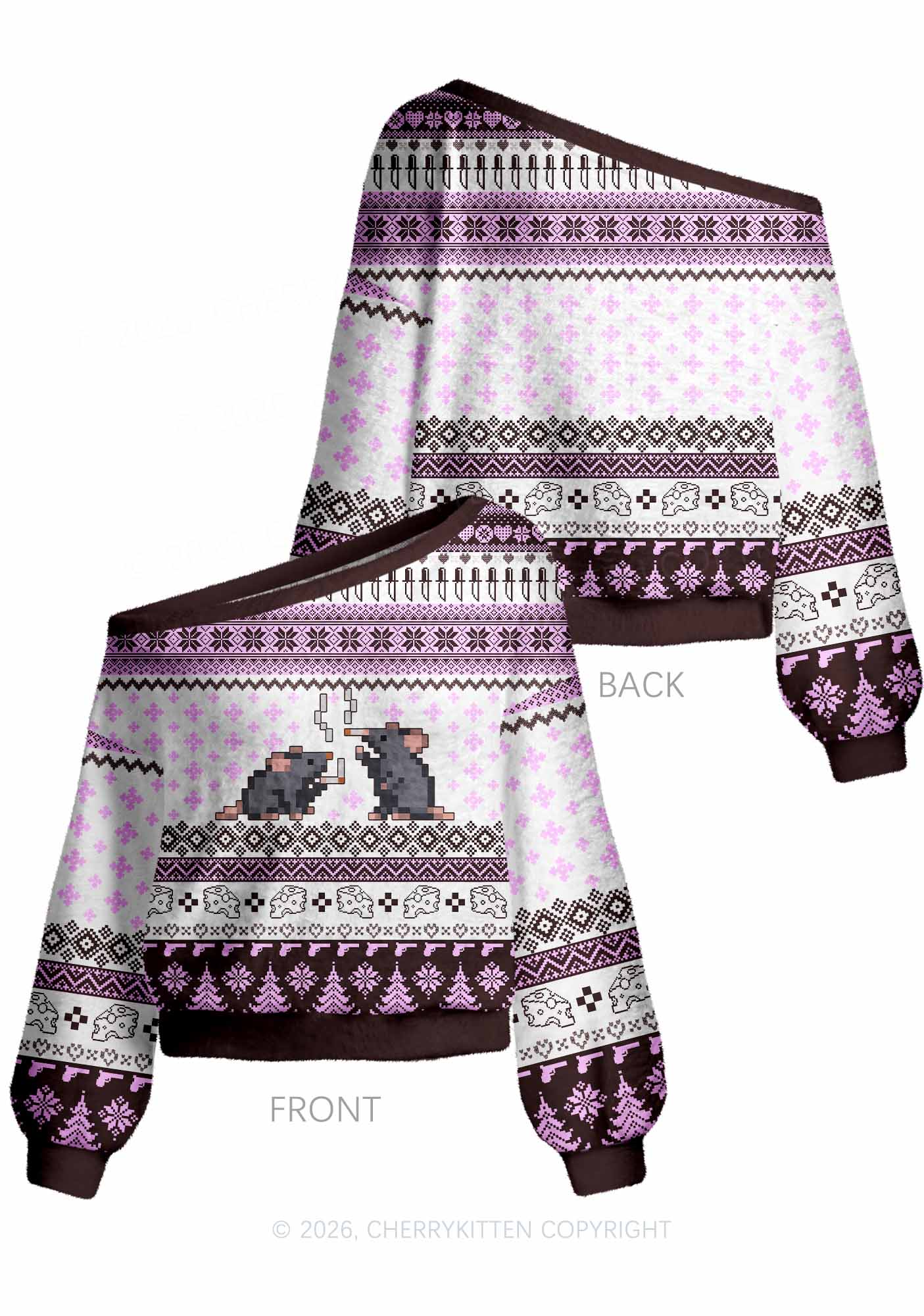 Pixel Smoking Rats Y2K Off Shoulder Knit Sweatshirt Cherrykitten