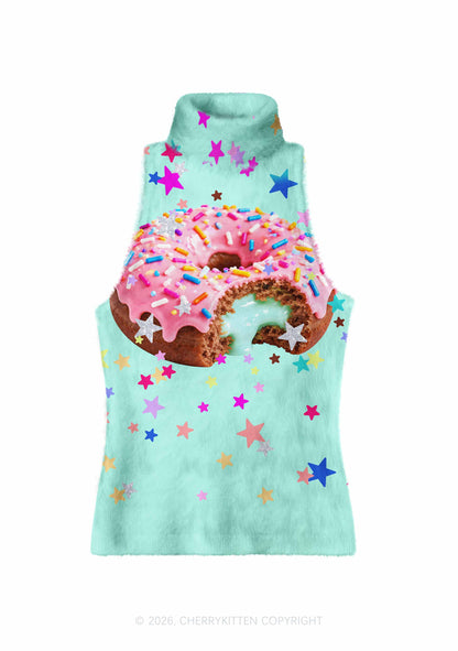 Pink Donut On Mint Green Y2K Knit Turtleneck Tank Top Cherrykitten