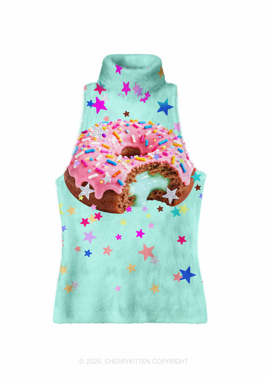 Pink Donut On Mint Green Y2K Knit Turtleneck Tank Top Cherrykitten